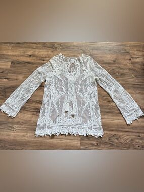 American Rag ivory Embroidered Sheer Blouse with Tassel Tie